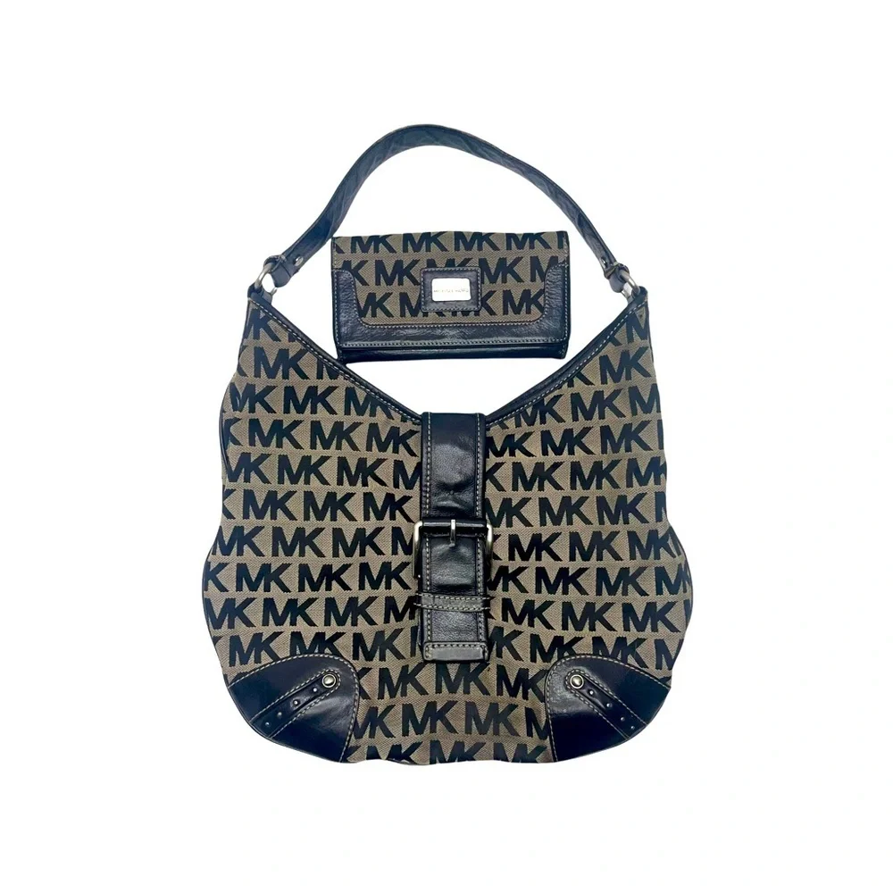 MICHAEL KORS Black & Tan Signature MK Hobo, Wallet & Wristlet Bundle